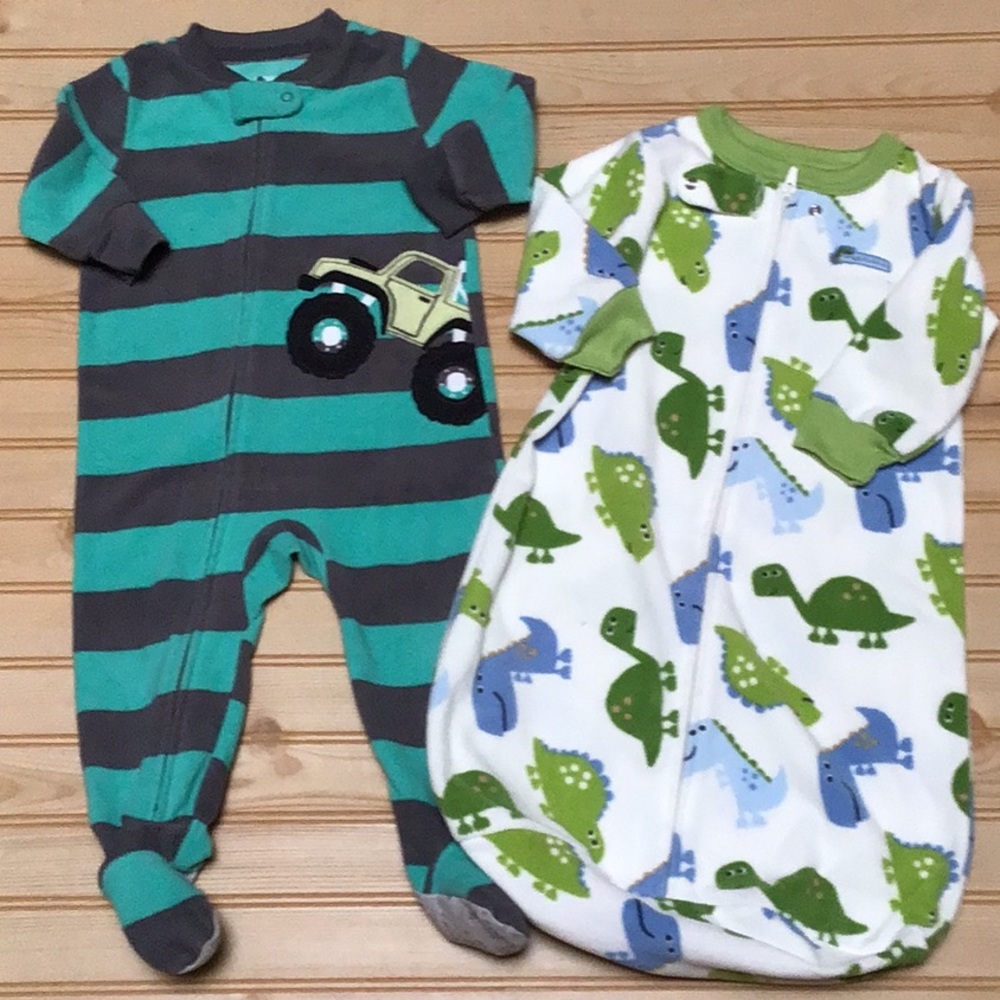 Carter’s Set of 2 Baby Boy Fleece Sleep Set Dinosaurs Truck Stripes Warm Cozy‎